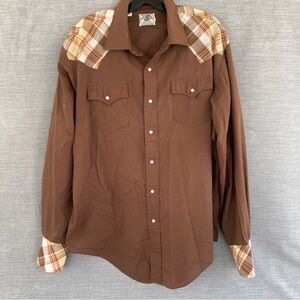 70s Western Shirt Pearl Snap Brown Plaid